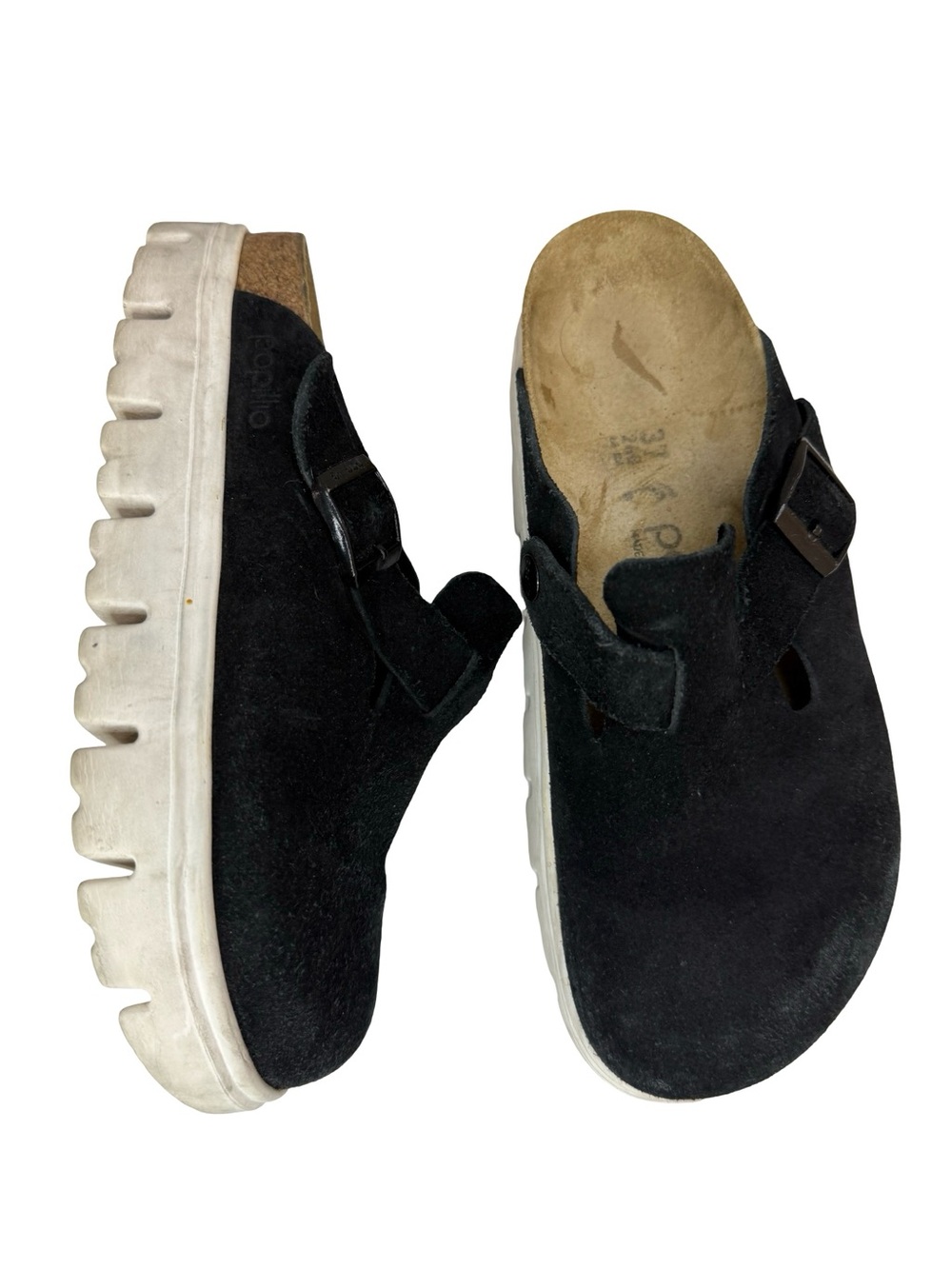 Papillio Black Suede Slip-On Clogs with White Platform Sole